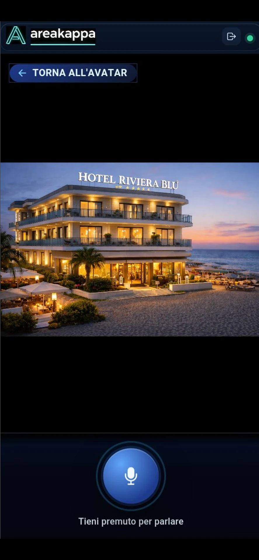 Schermata dell'app HotelNow che mostra una foto dell'hotel al tramonto