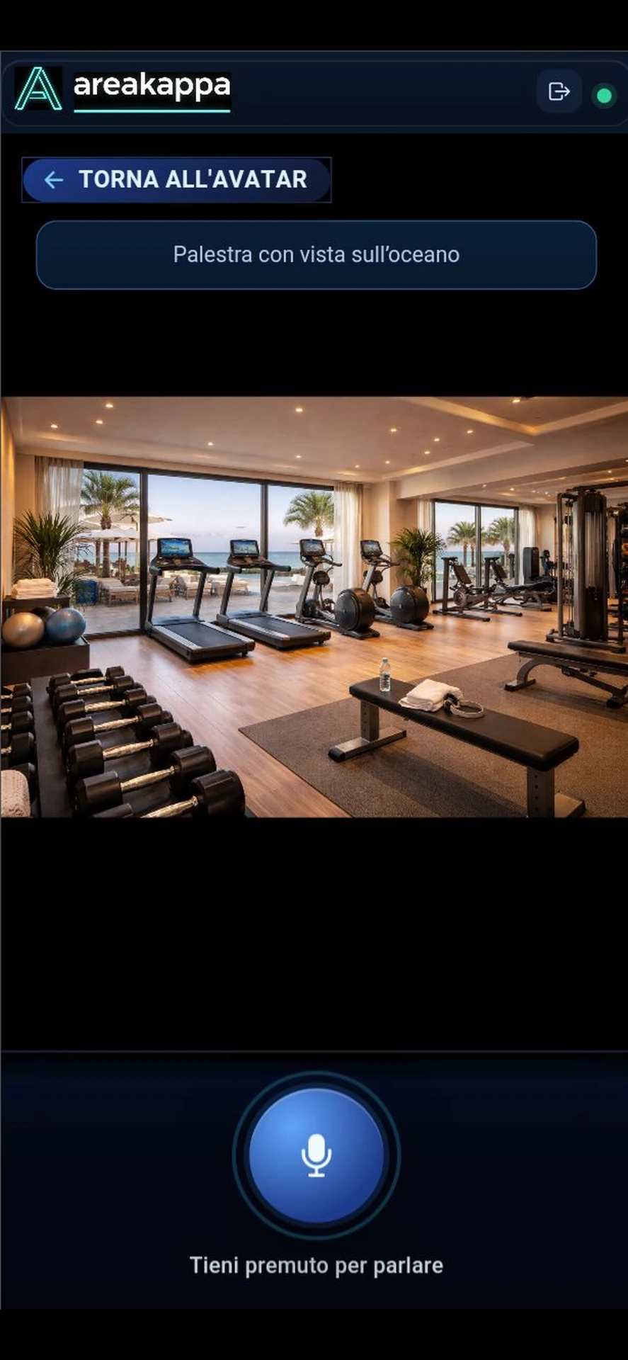 Schermata dell'app HotelNow che mostra la palestra dell'hotel con vista sull'oceano